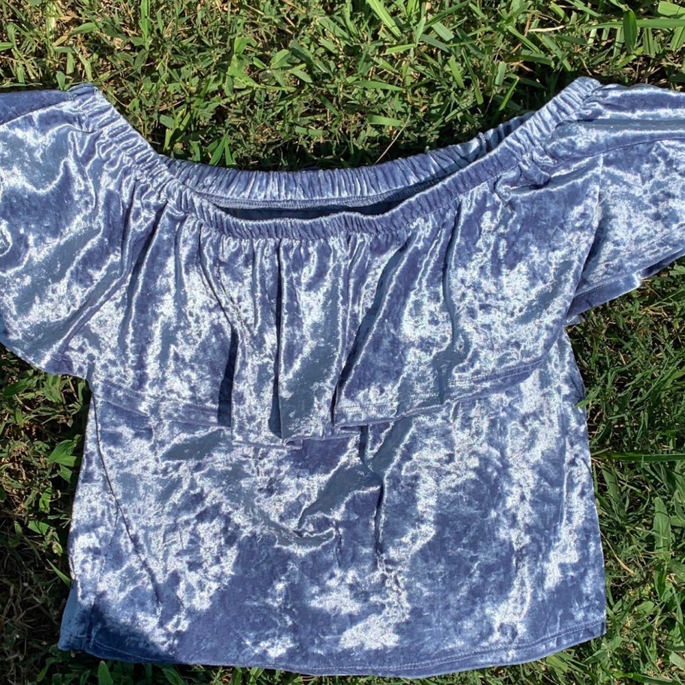 Sans souci blue velvet ruffled off shoulder top
